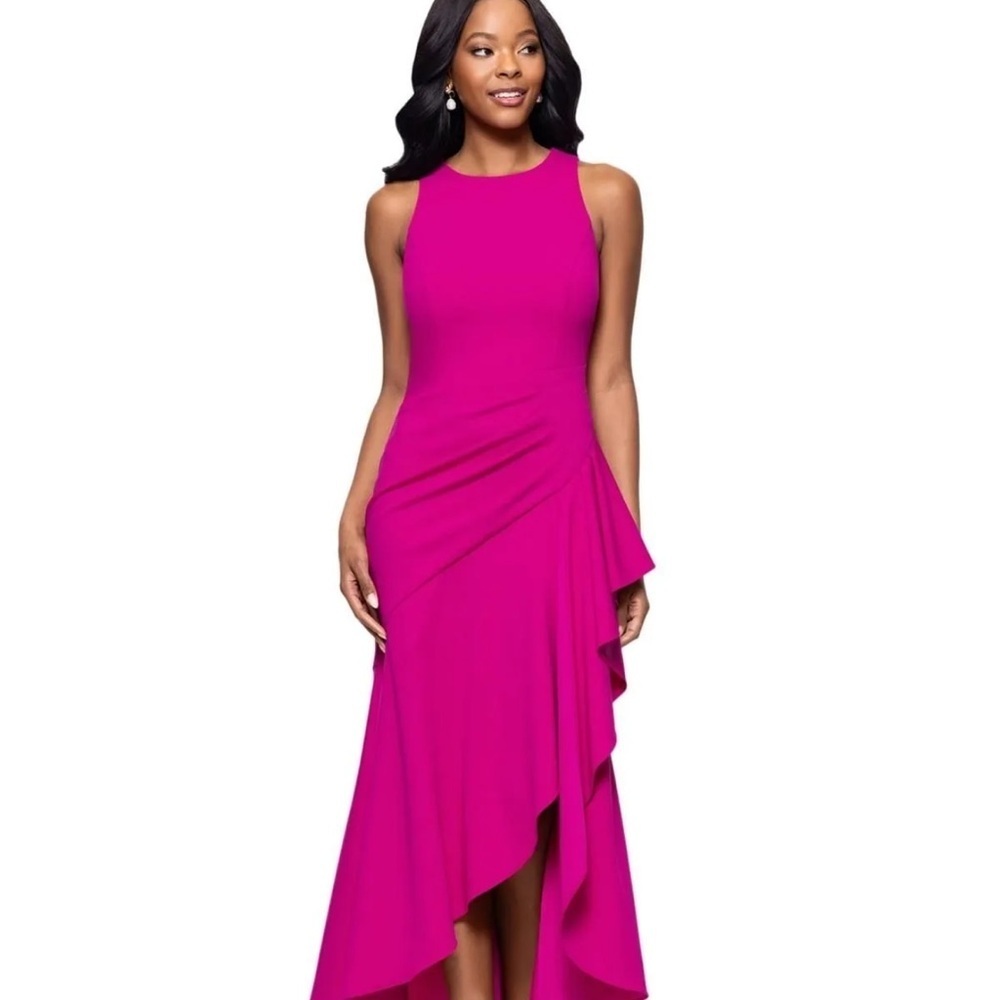 Betsy & Adam Scuba Ruffled slit gown